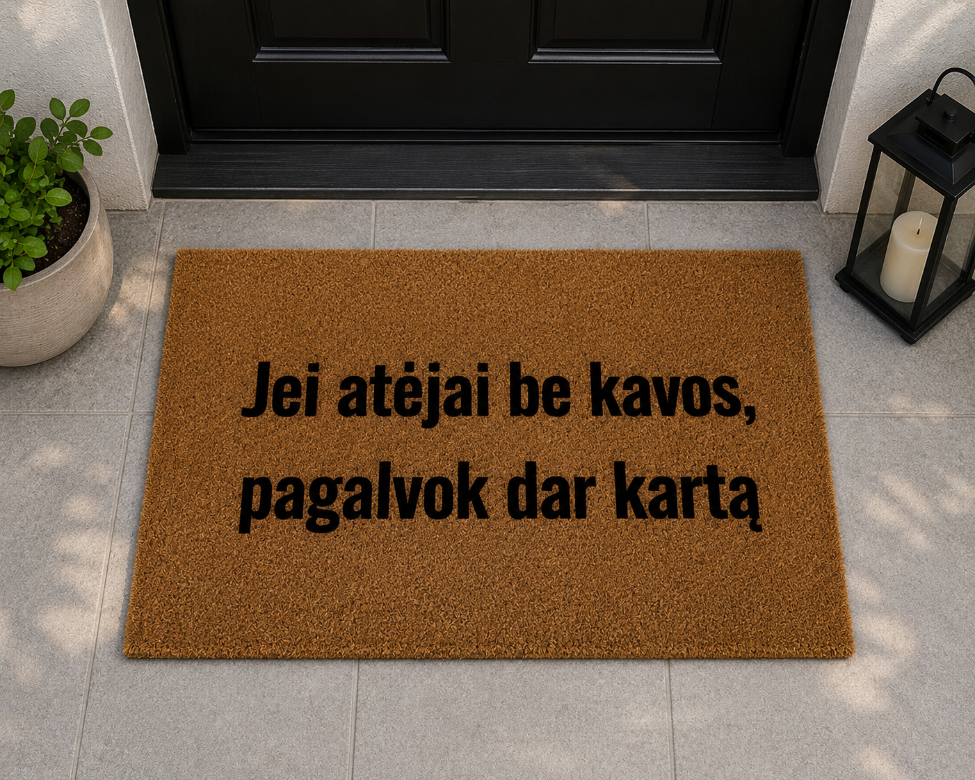 Rankų darbo durų kilimėlis „Jei atėjai be kavos, pagalvok dar kartą“