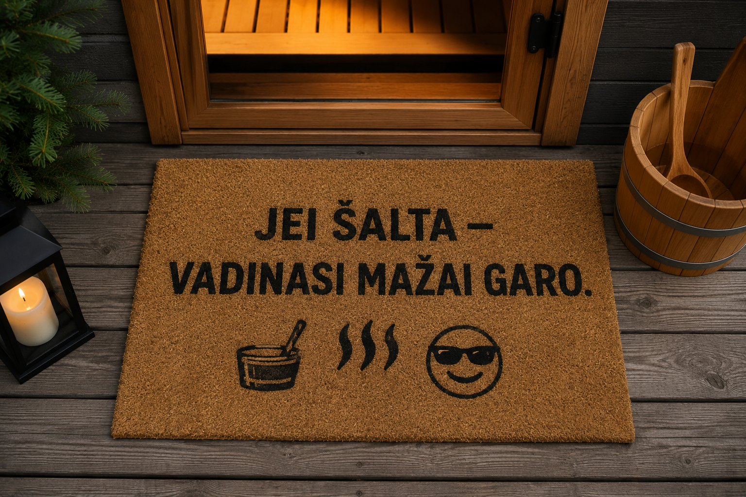 Rankų darbo kokoso pluošto durų kilimėlis su užrašu „Jei šalta – vadinasi mažai garo“