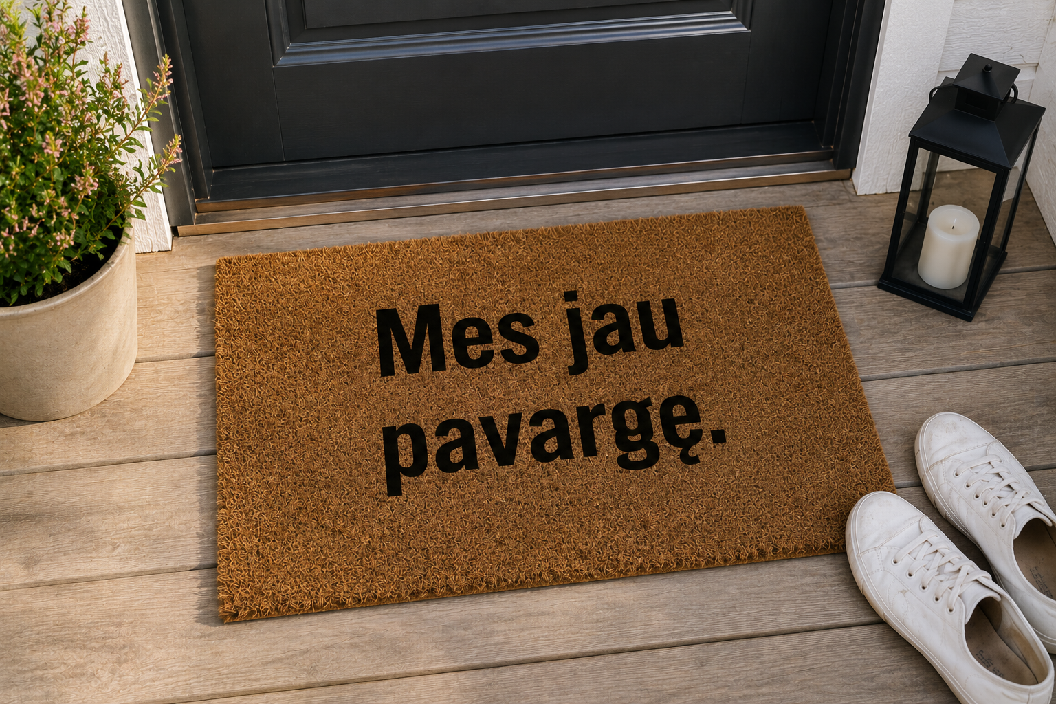 Rankų darbo kokoso pluošto durų kilimėlis su užrašu „Mes jau pavargę“