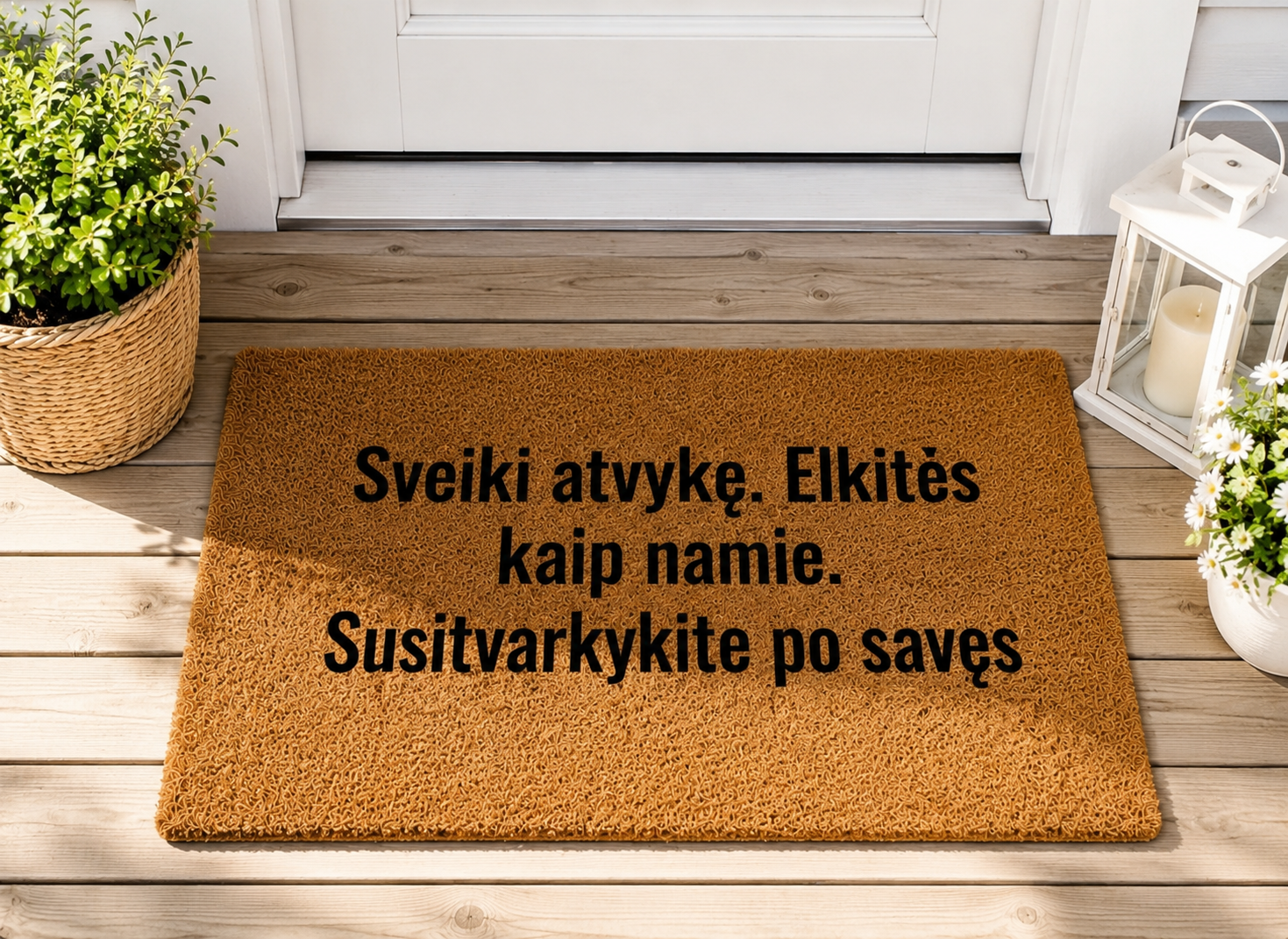 Handmade "Welcome. Make yourself at home. Clean up after yourself" door mat.